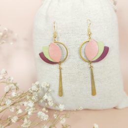 boucles d'oreilles pendantes en cuir en forme de lotus 3 couleurs rose vert et prune