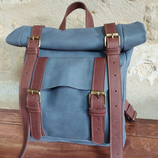 Sac à dos artisanal cuir bleu clair petit