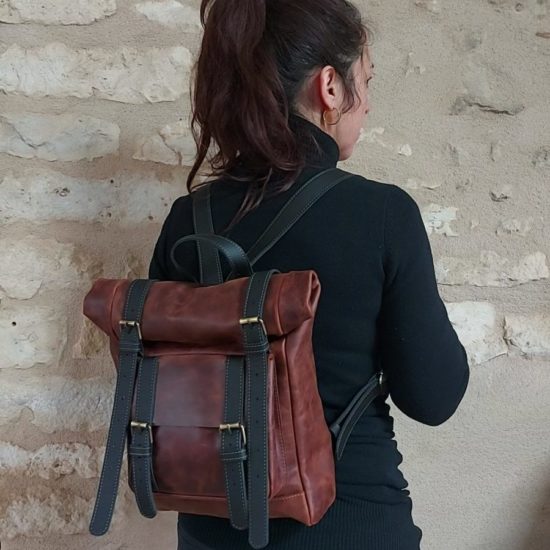 Sac à dos artisanal en cuir marron vintage taille S