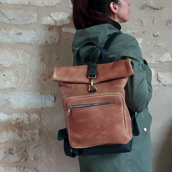 Sac à dos cuir camel vintage attache rapide