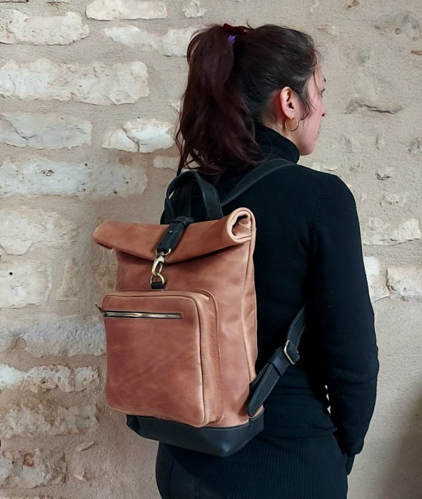 Sac à dos cuir camel vintage attache rapide