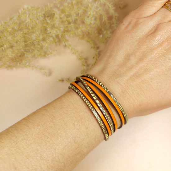 Bracelet fin en cuir orange et cuir marron spider