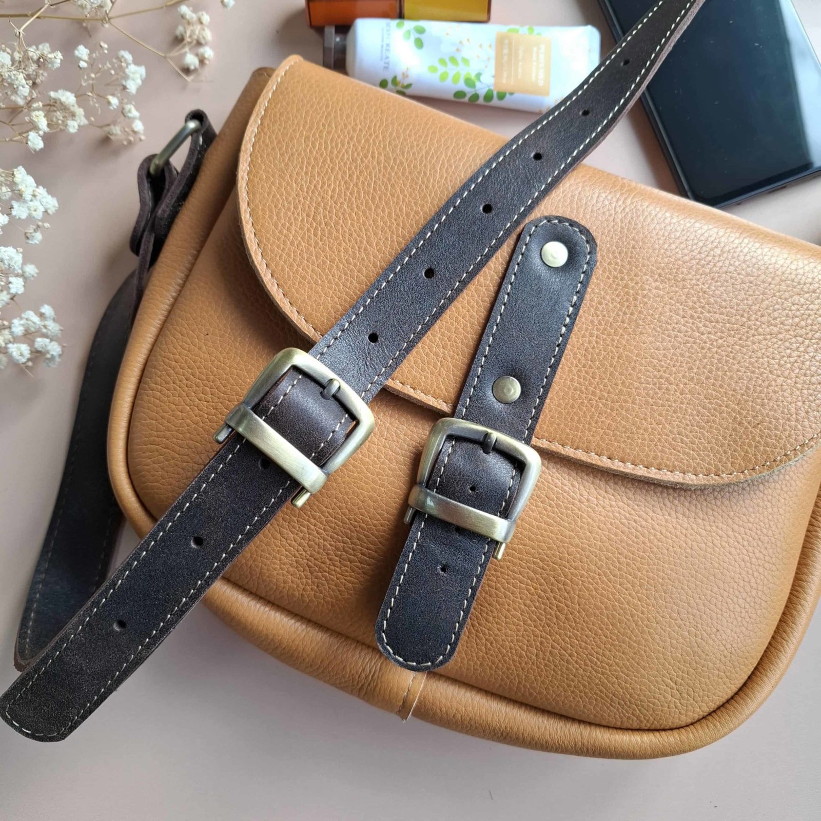Sac cuir camel grainé