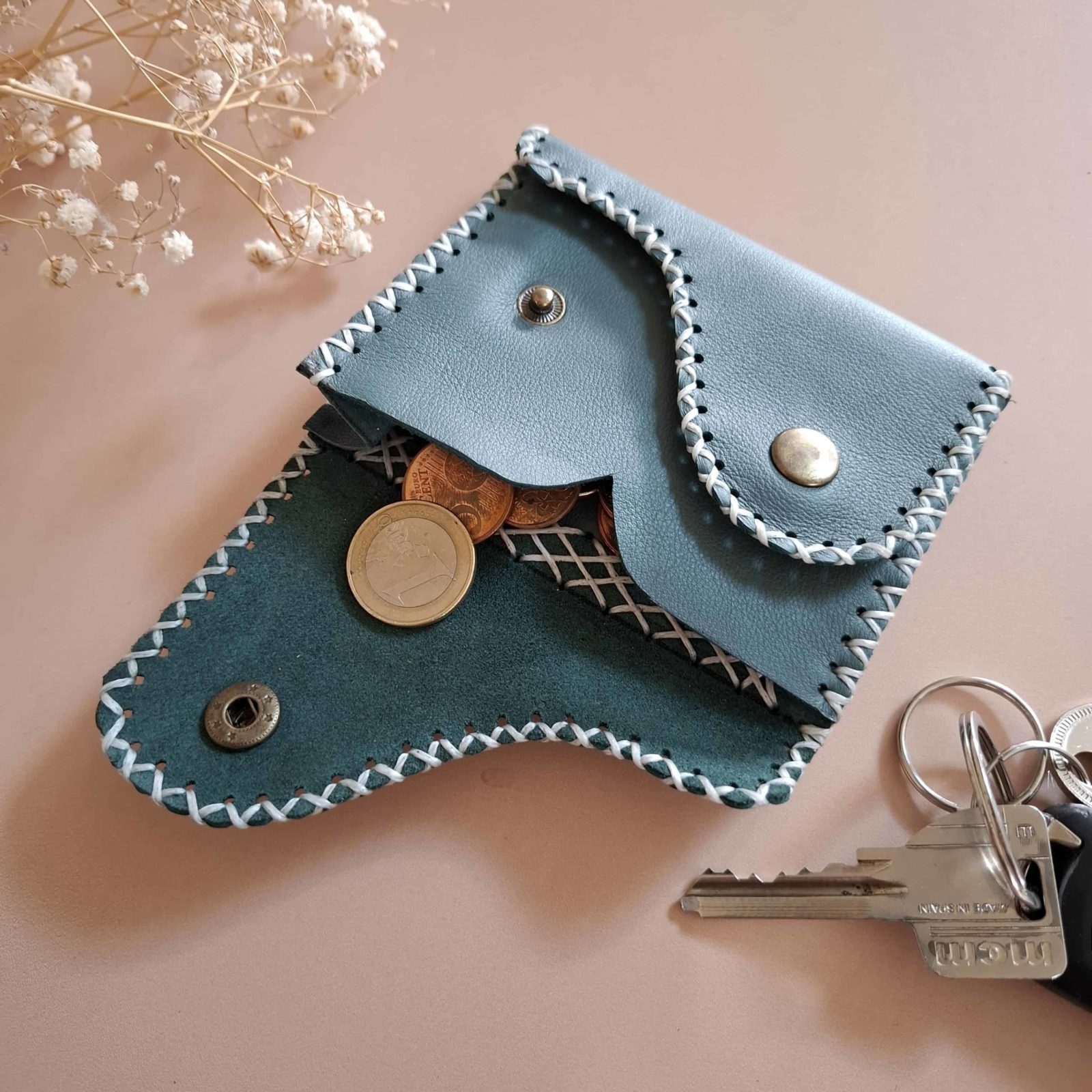 portefeuille 3 en 1 en cuir bleu pétrole