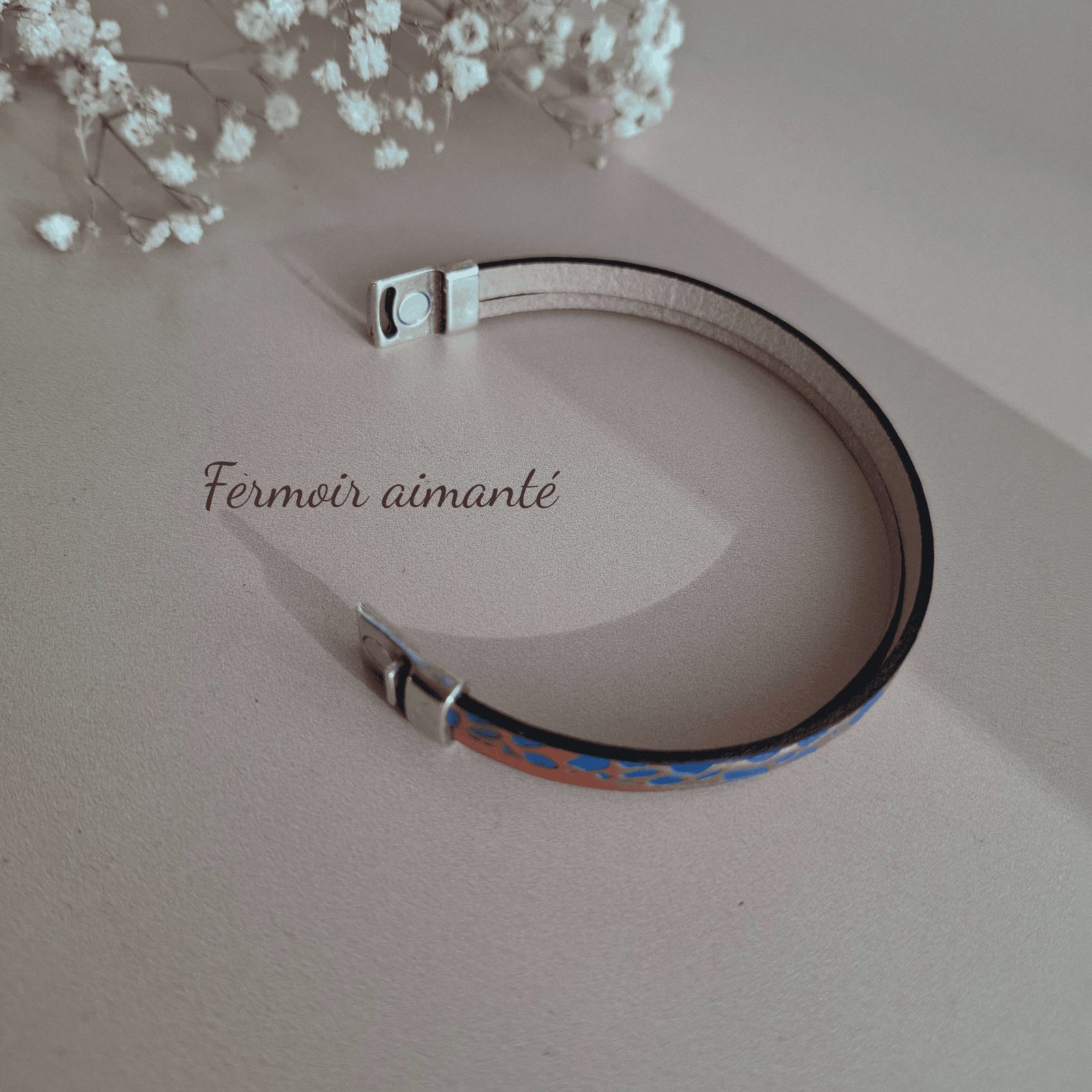 bracelet cuir bleu et cuivre fermoir aimanté