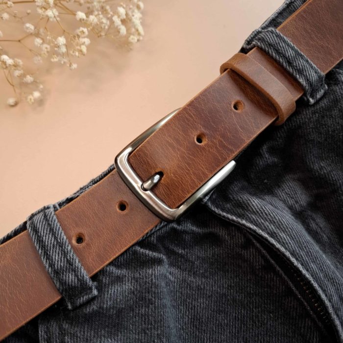 Ceinture artisanale cuir marron pull-up