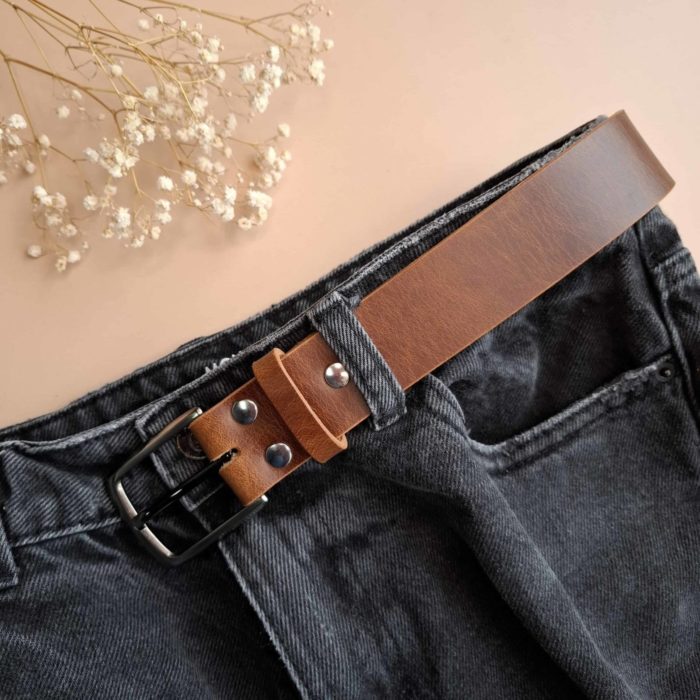 Ceinture artisanale cuir marron pull-up