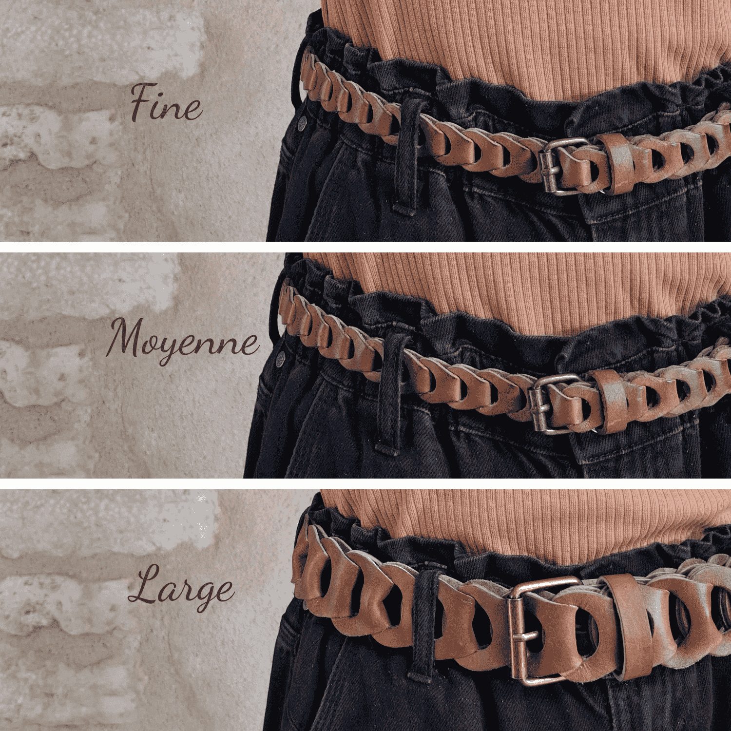 Ceintures tressées en cuir beige camel choix des largeurs