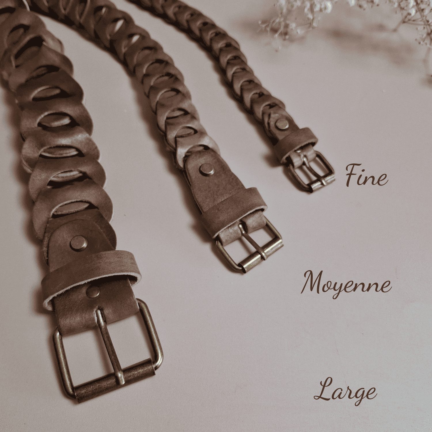 ceintures tressées beige camel en cuir 3 largeurs différentes