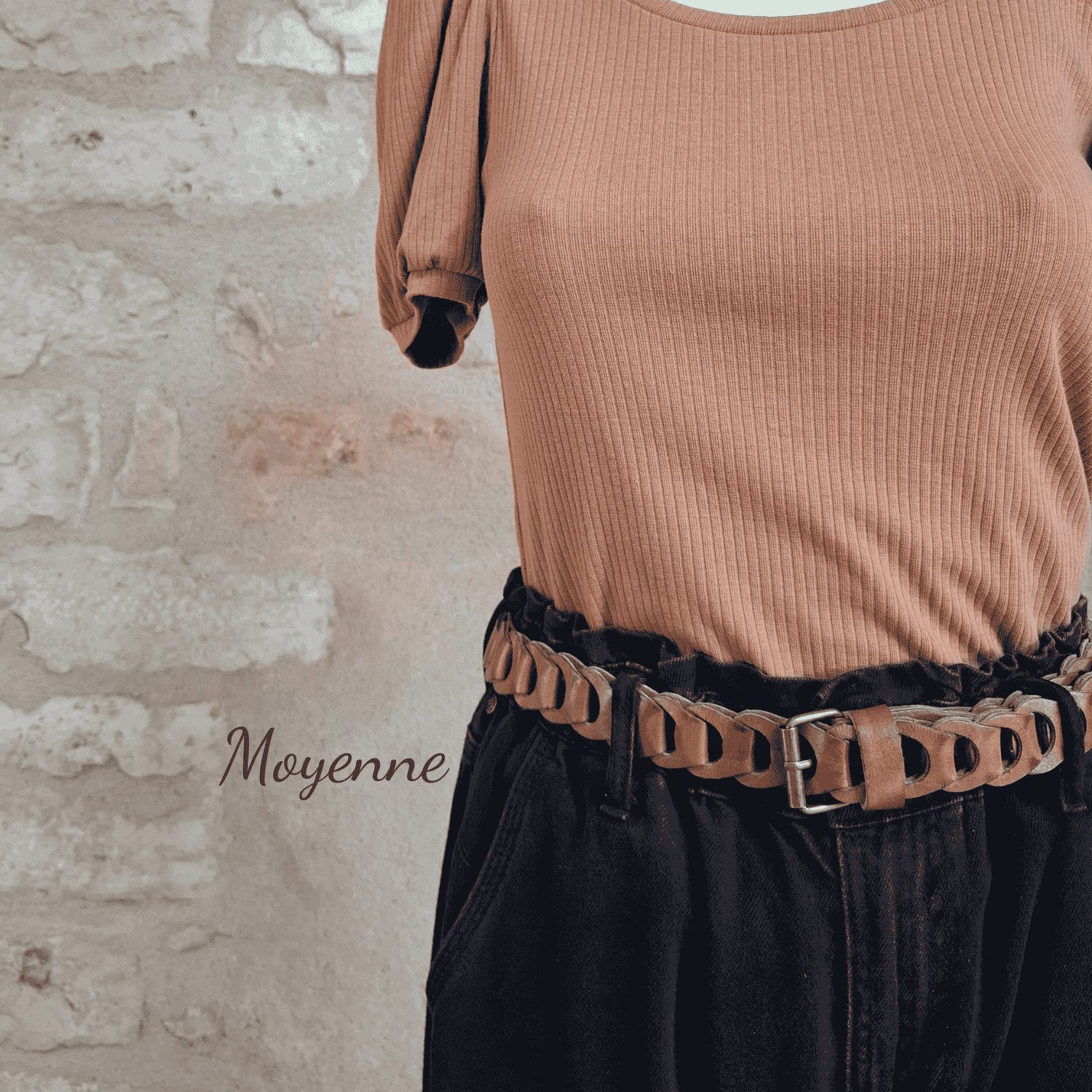 Ceinture tressée en cuir beige camel largeur intermédiaire